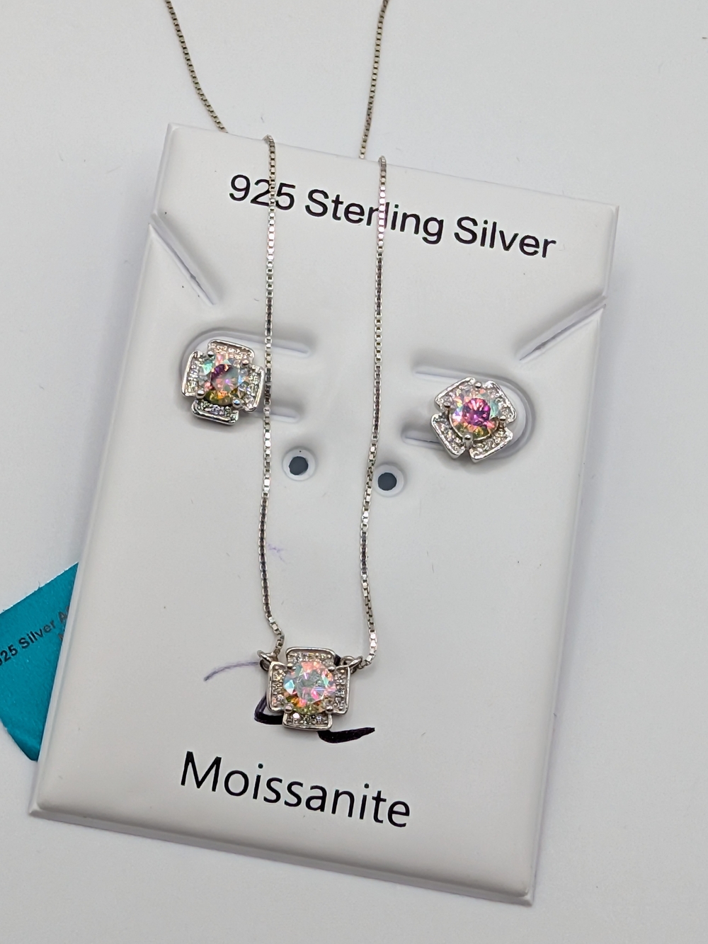Moissanite Sterling Silver Pink Aurora Necklace & Earring Set